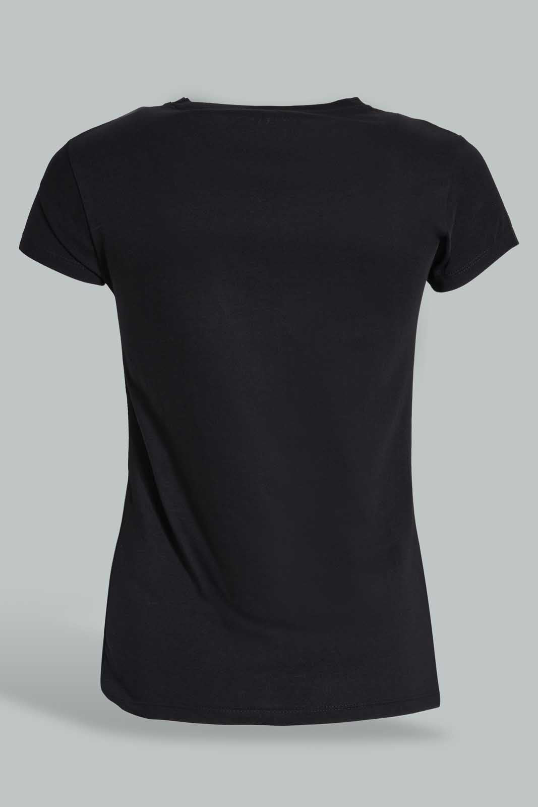 Redtag-Black-Graphic-T-Shirt-Cropped-Tops-Senior-Girls-9 to 14 Years