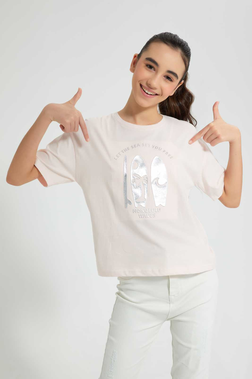 Redtag-Pink-Emboss-Top-Cropped-Tops-Senior-Girls-9 to 14 Years