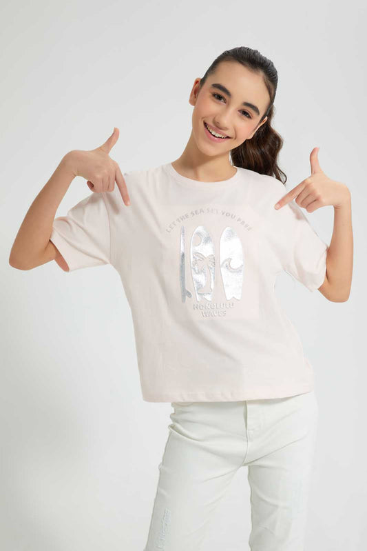 Redtag-Pink-Emboss-Top-Cropped-Tops-Senior-Girls-9 to 14 Years