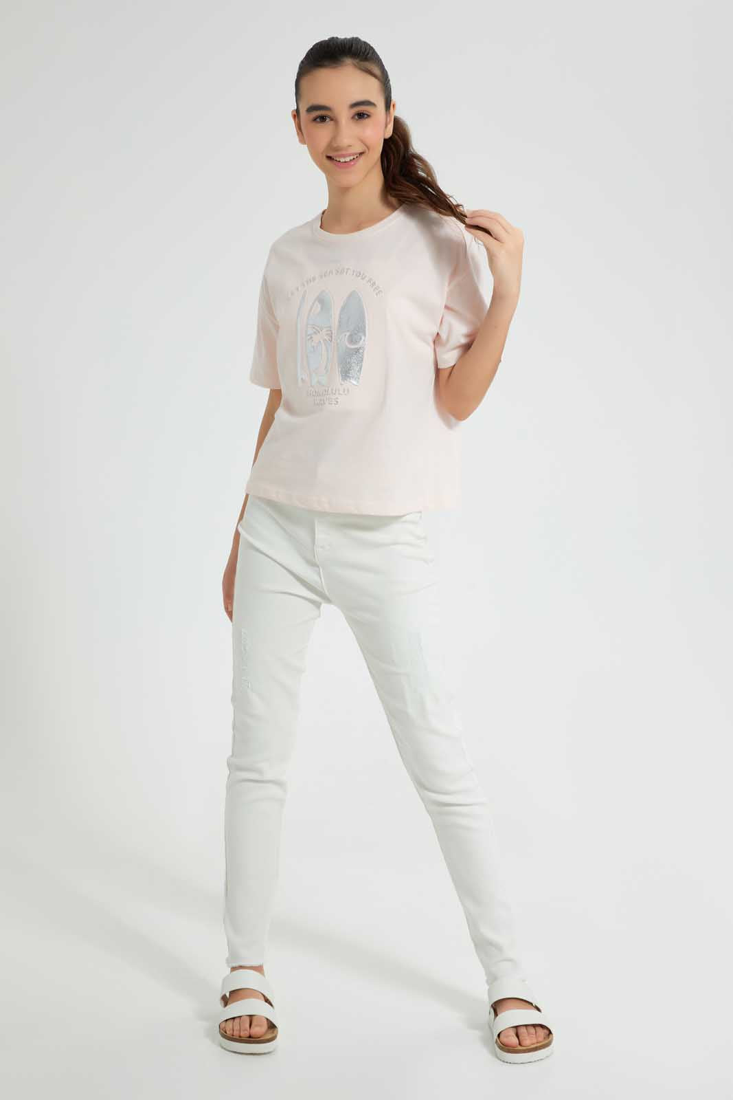 Redtag-Pink-Emboss-Top-Cropped-Tops-Senior-Girls-9 to 14 Years