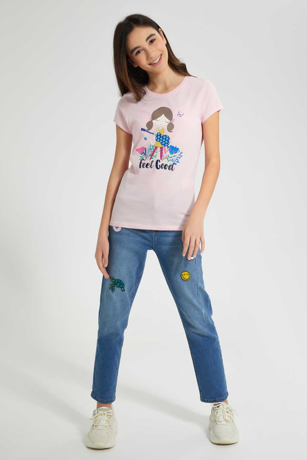 Redtag-Pink-Graphic-T-Shirt-Cropped-Tops-Senior-Girls-9 to 14 Years