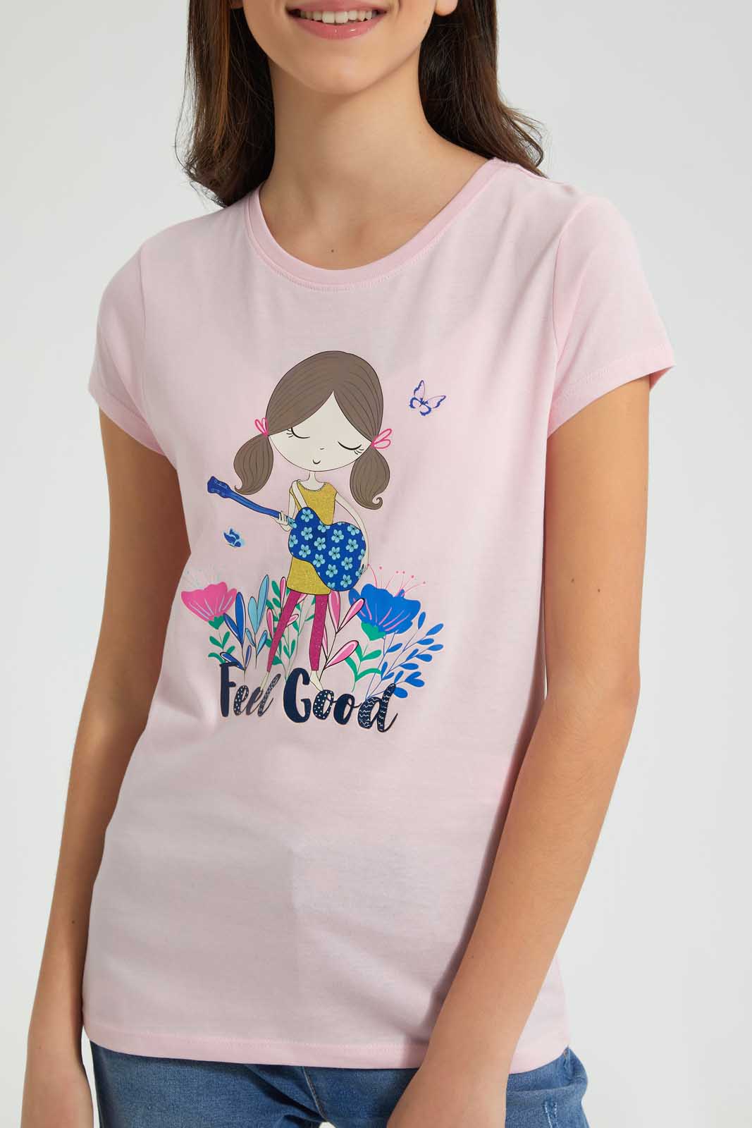 Redtag-Pink-Graphic-T-Shirt-Cropped-Tops-Senior-Girls-9 to 14 Years