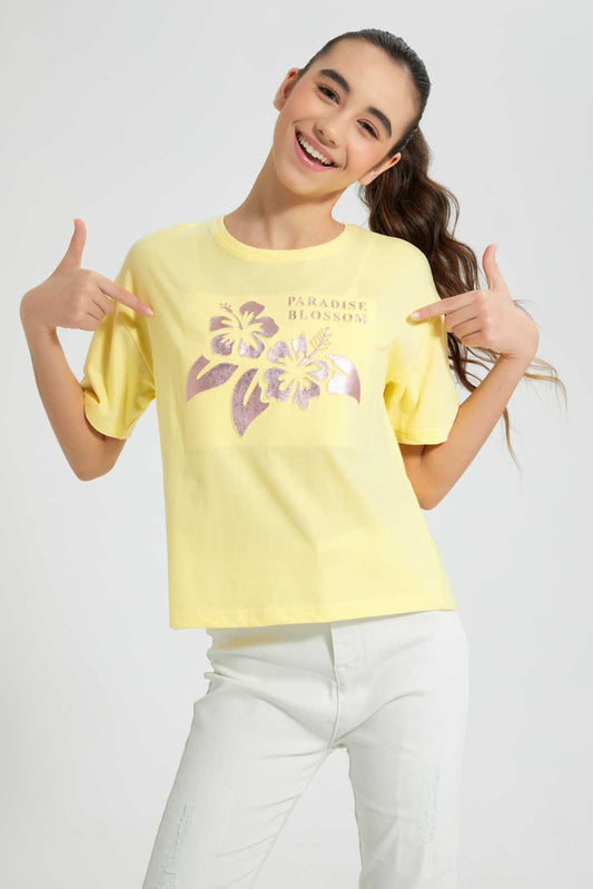 Redtag-Yellow-Emboss-Top-Cropped-Tops-Senior-Girls-9 to 14 Years