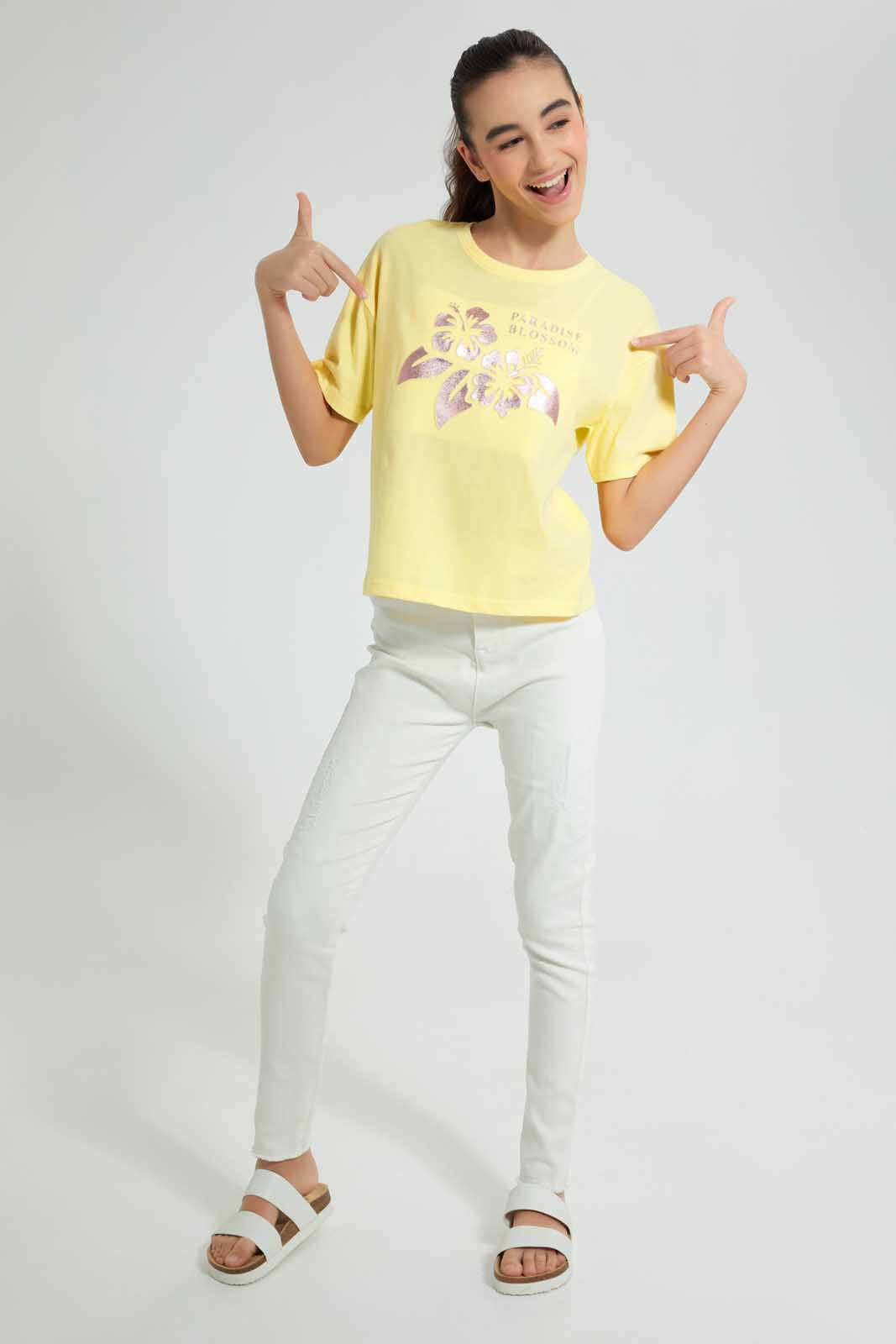 Redtag-Yellow-Emboss-Top-Cropped-Tops-Senior-Girls-9 to 14 Years