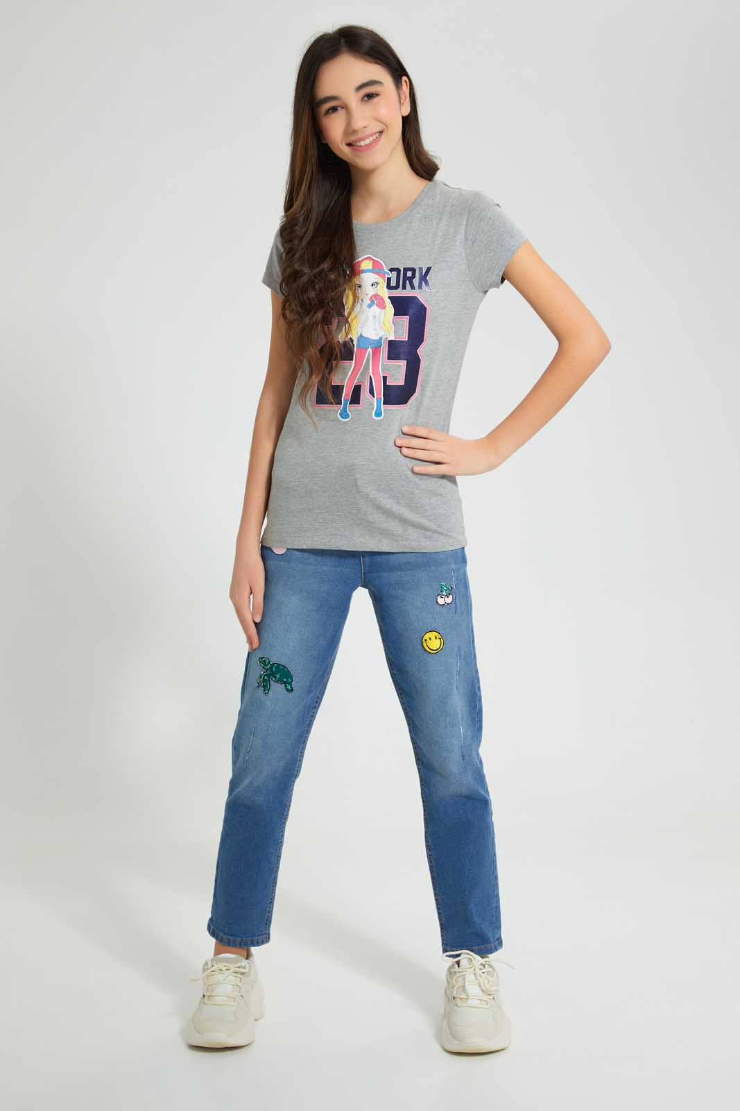 Redtag-Grey-Melange-Graphic-T-Shirt-Cropped-Tops-Senior-Girls-9 to 14 Years