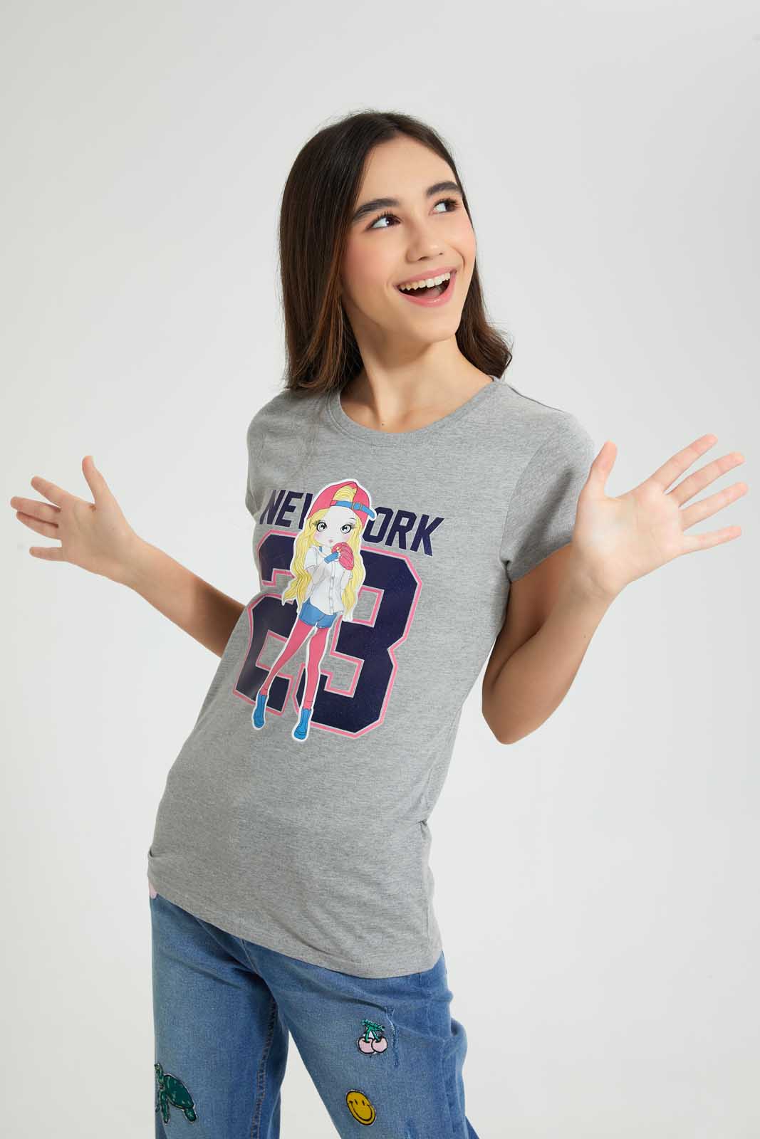 Redtag-Grey-Melange-Graphic-T-Shirt-Cropped-Tops-Senior-Girls-9 to 14 Years