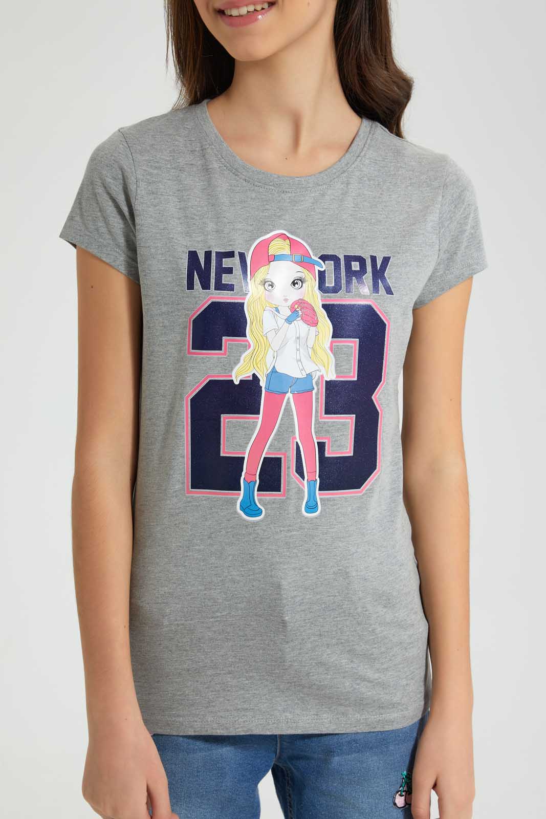 Redtag-Grey-Melange-Graphic-T-Shirt-Cropped-Tops-Senior-Girls-9 to 14 Years