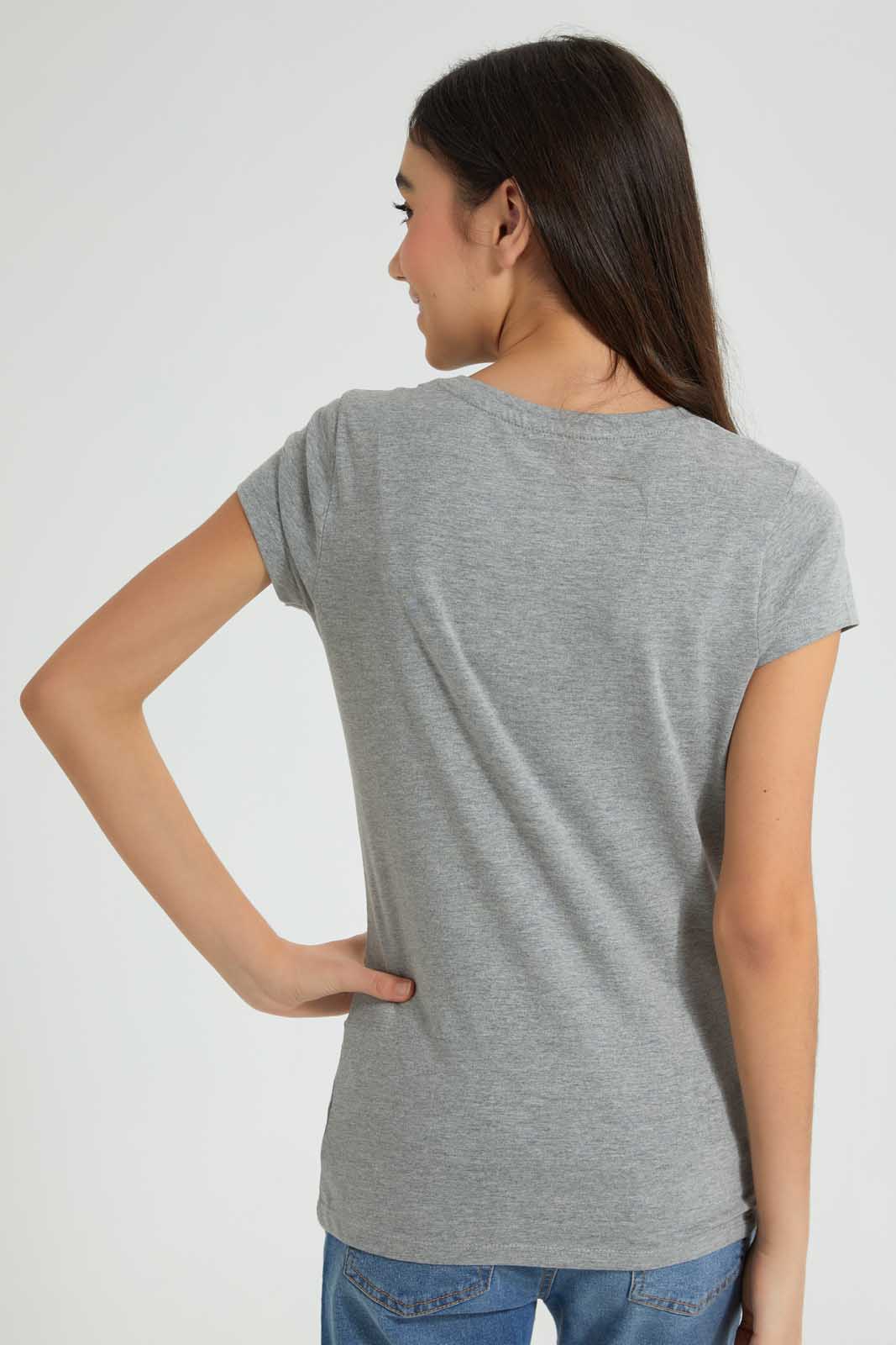 Redtag-Grey-Melange-Graphic-T-Shirt-Cropped-Tops-Senior-Girls-9 to 14 Years