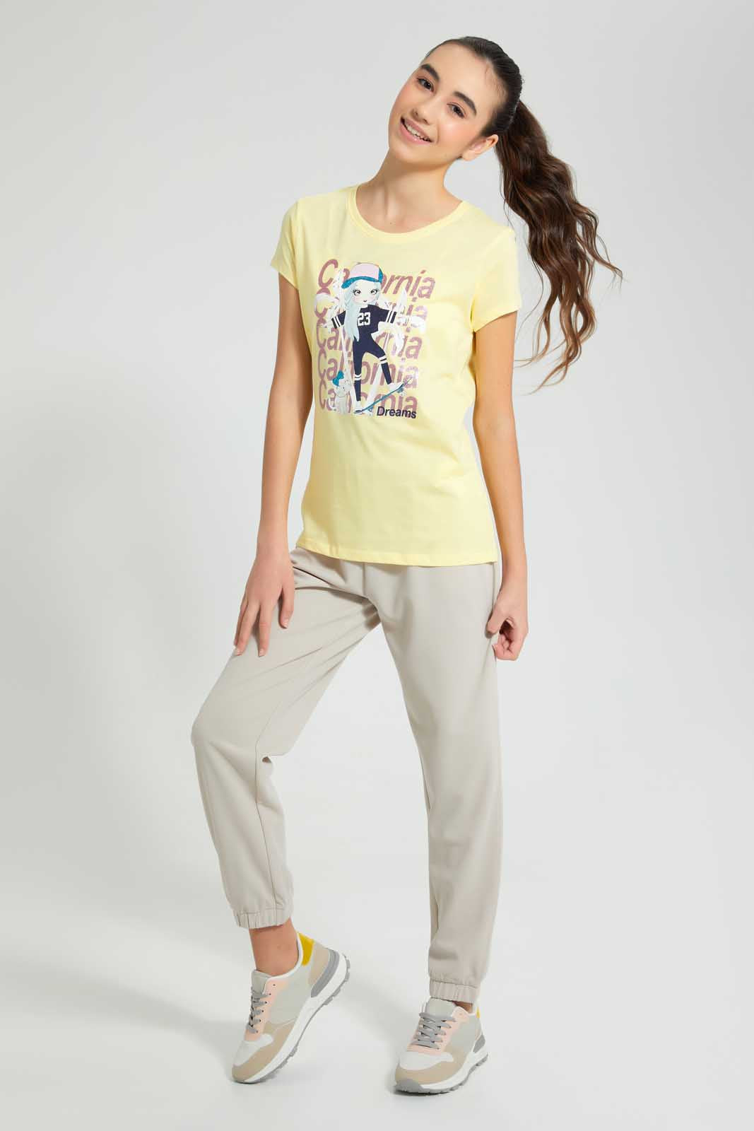 Redtag-Yellow-Graphic-T-Shirt-Cropped-Tops-Senior-Girls-9 to 14 Years