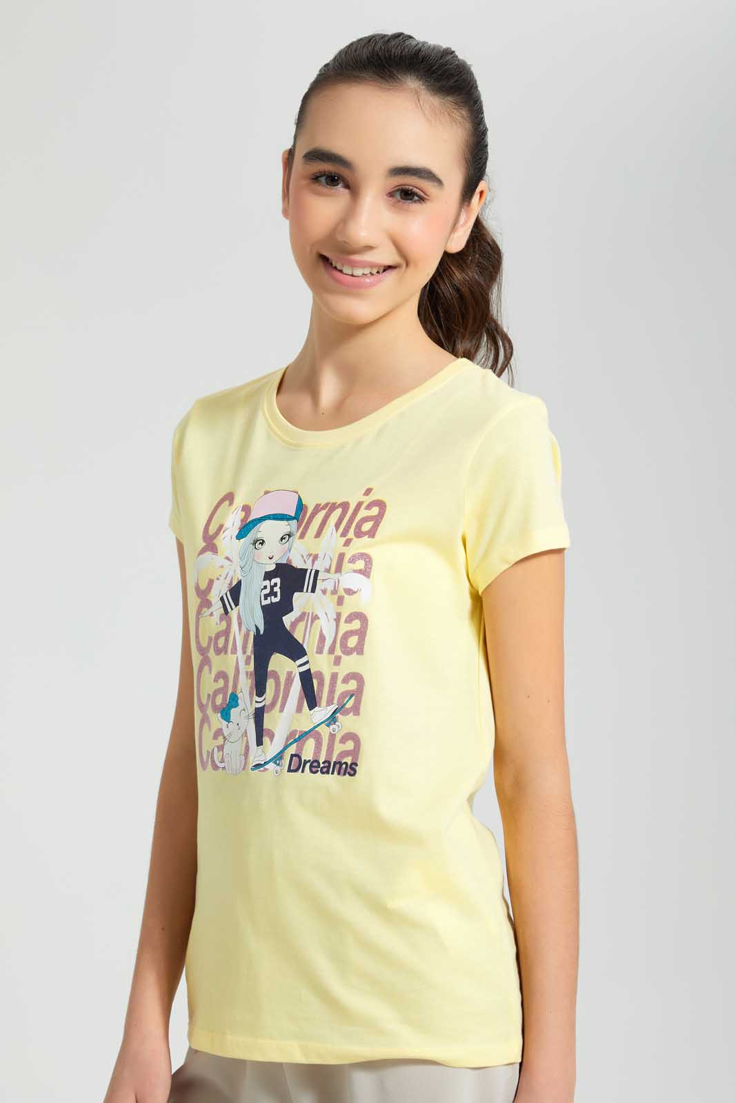 Redtag-Yellow-Graphic-T-Shirt-Cropped-Tops-Senior-Girls-9 to 14 Years