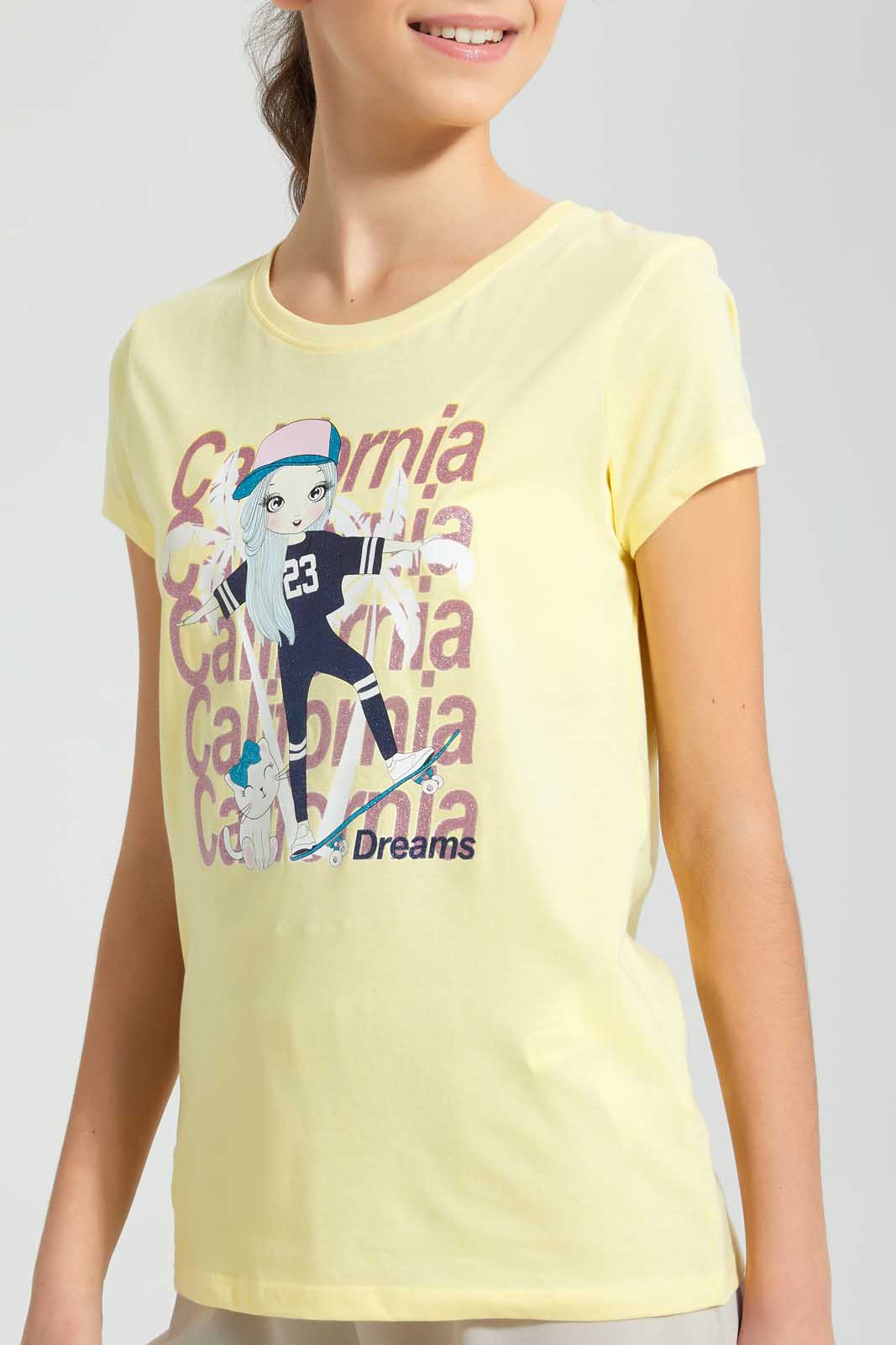 Redtag-Yellow-Graphic-T-Shirt-Cropped-Tops-Senior-Girls-9 to 14 Years