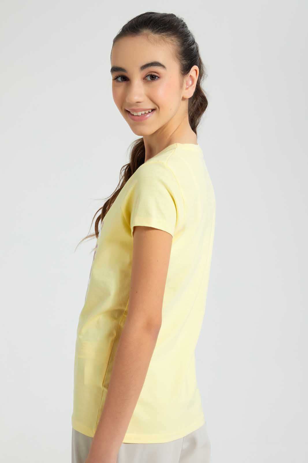 Redtag-Yellow-Graphic-T-Shirt-Cropped-Tops-Senior-Girls-9 to 14 Years
