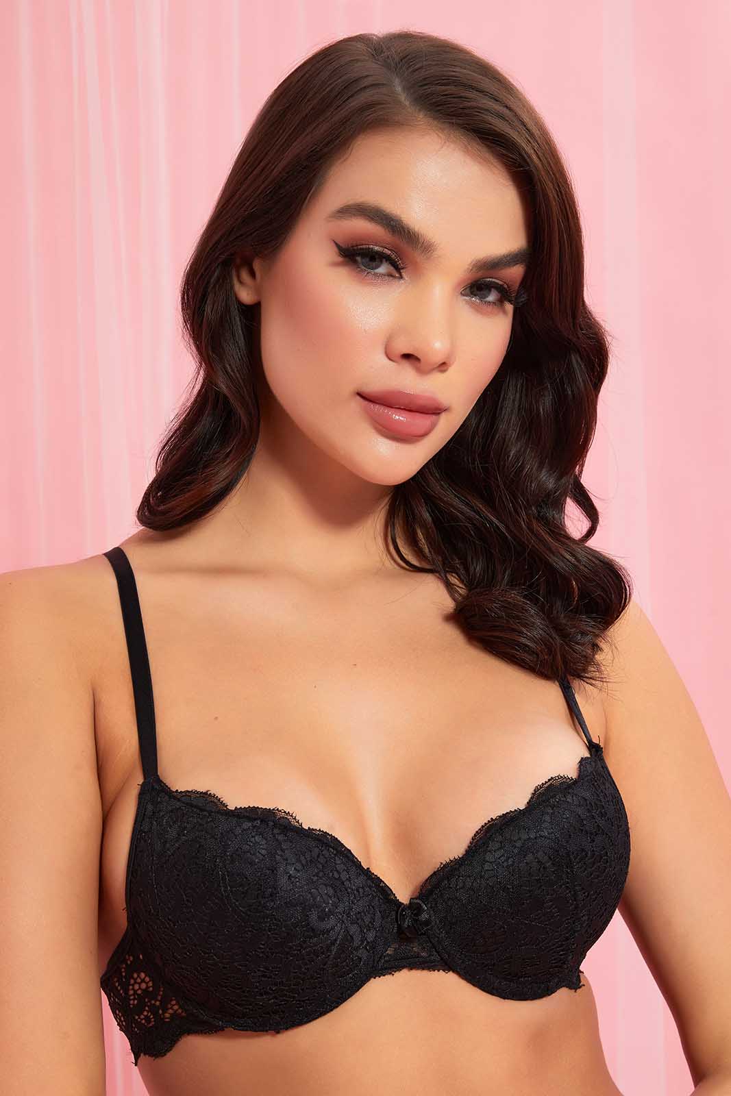 Redtag-Grey/Beige/Black-Plain-Lace-Padded-Plunge-Bra-(3-Pack)-Plunge-Bras-Women's-