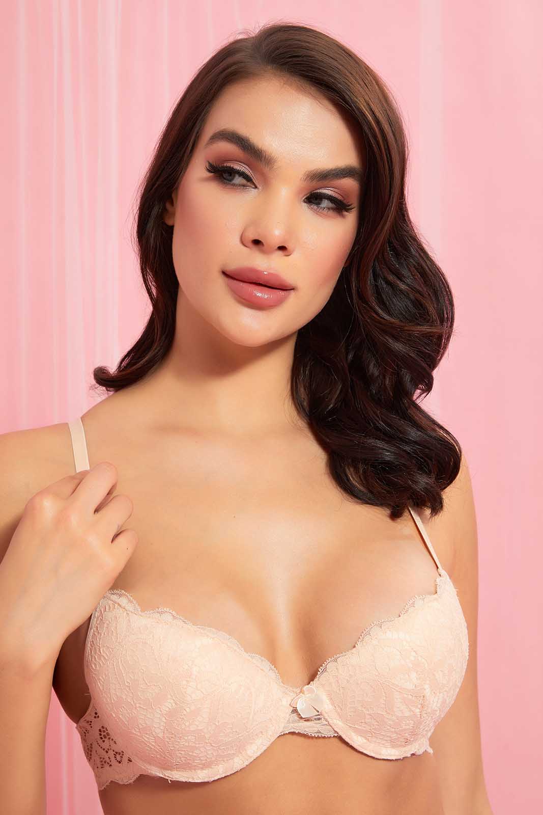 Redtag-Grey/Beige/Black-Plain-Lace-Padded-Plunge-Bra-(3-Pack)-Plunge-Bras-Women's-