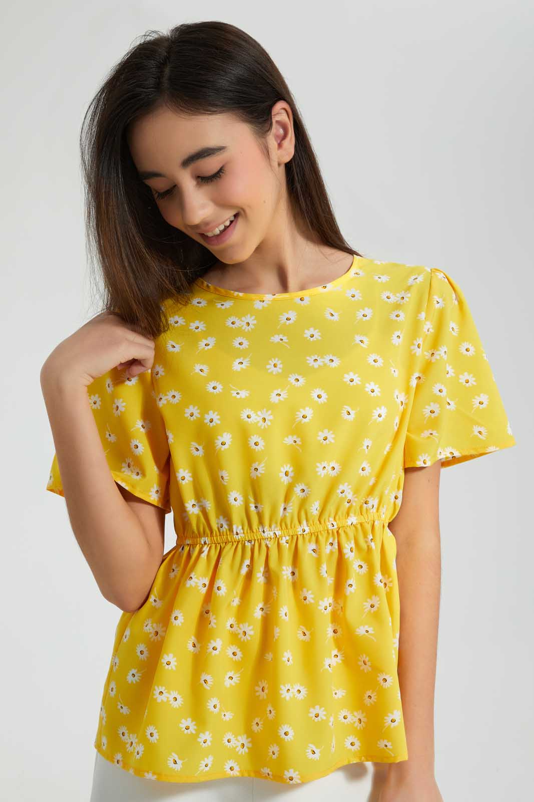 Redtag-Yellow-Floral-Peplum-Top-Blouses-Senior-Girls-9 to 14 Years