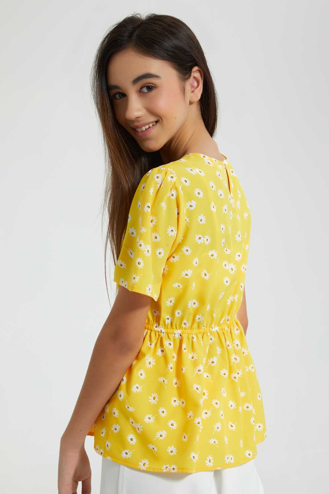 Redtag-Yellow-Floral-Peplum-Top-Blouses-Senior-Girls-9 to 14 Years