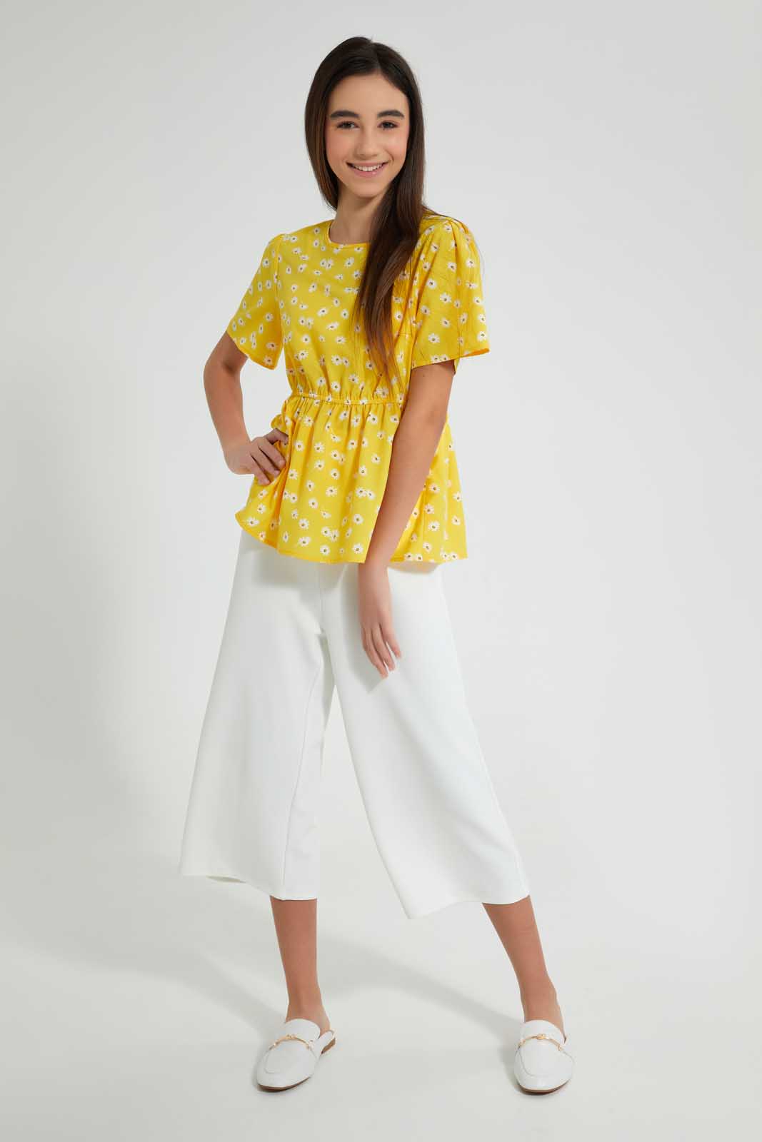 Redtag-Yellow-Floral-Peplum-Top-Blouses-Senior-Girls-9 to 14 Years