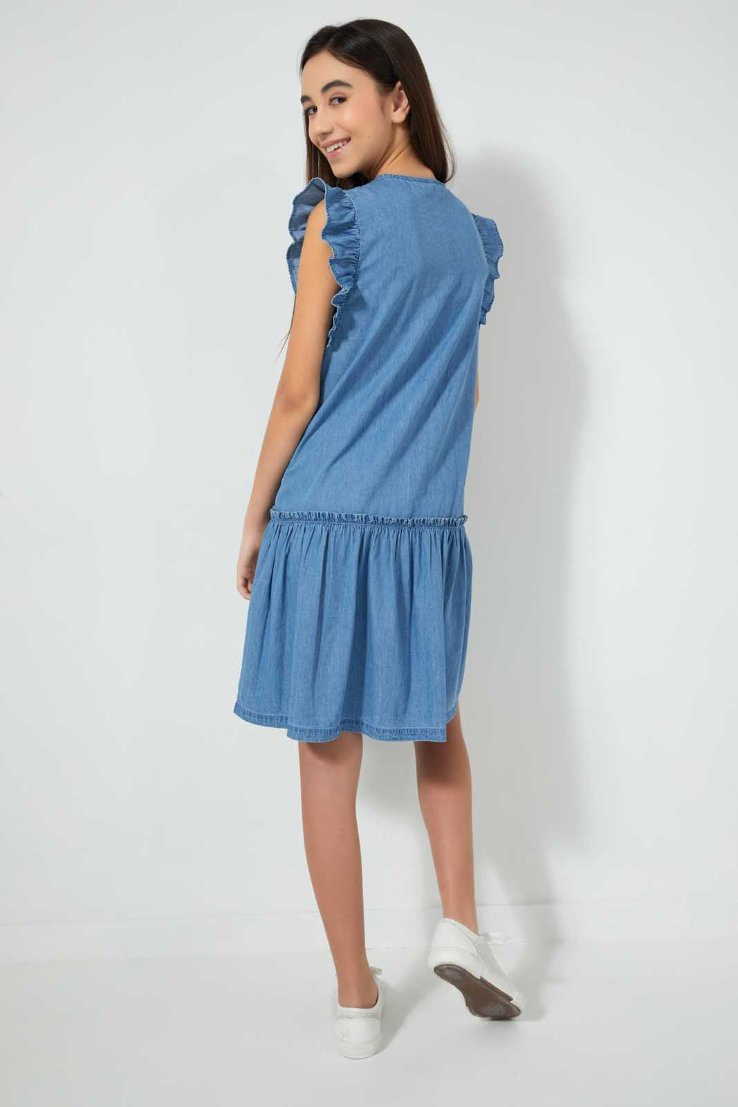 Redtag-Dk-Wash-Embroidered-Denim-Dress-Dresses-Senior-Girls-9 to 14 Years