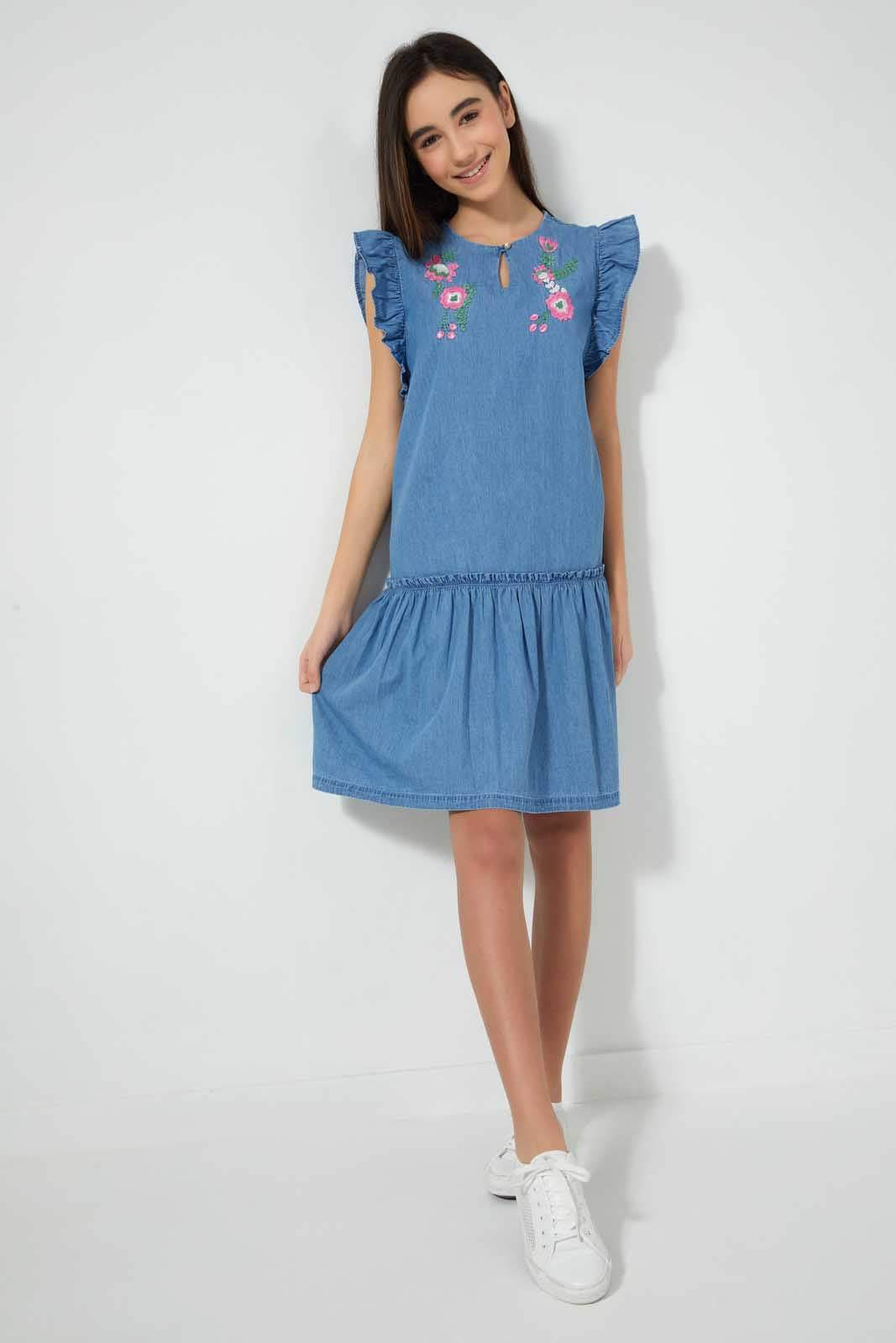 Redtag-Dk-Wash-Embroidered-Denim-Dress-Dresses-Senior-Girls-9 to 14 Years