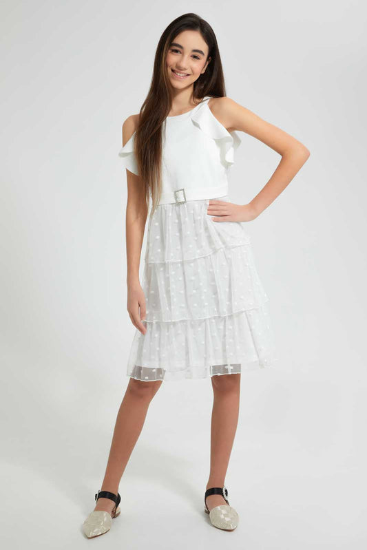 Redtag-White-Dobby-Layered-Dress-Dresses-Senior-Girls-9 to 14 Years