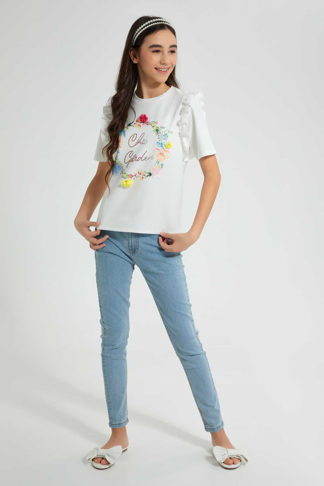 Redtag-White-Frills-Sleeve-Top-Embellished-Senior-Girls-9 to 14 Years