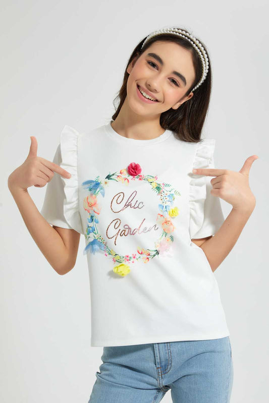 Redtag-White-Frills-Sleeve-Top-Embellished-Senior-Girls-9 to 14 Years