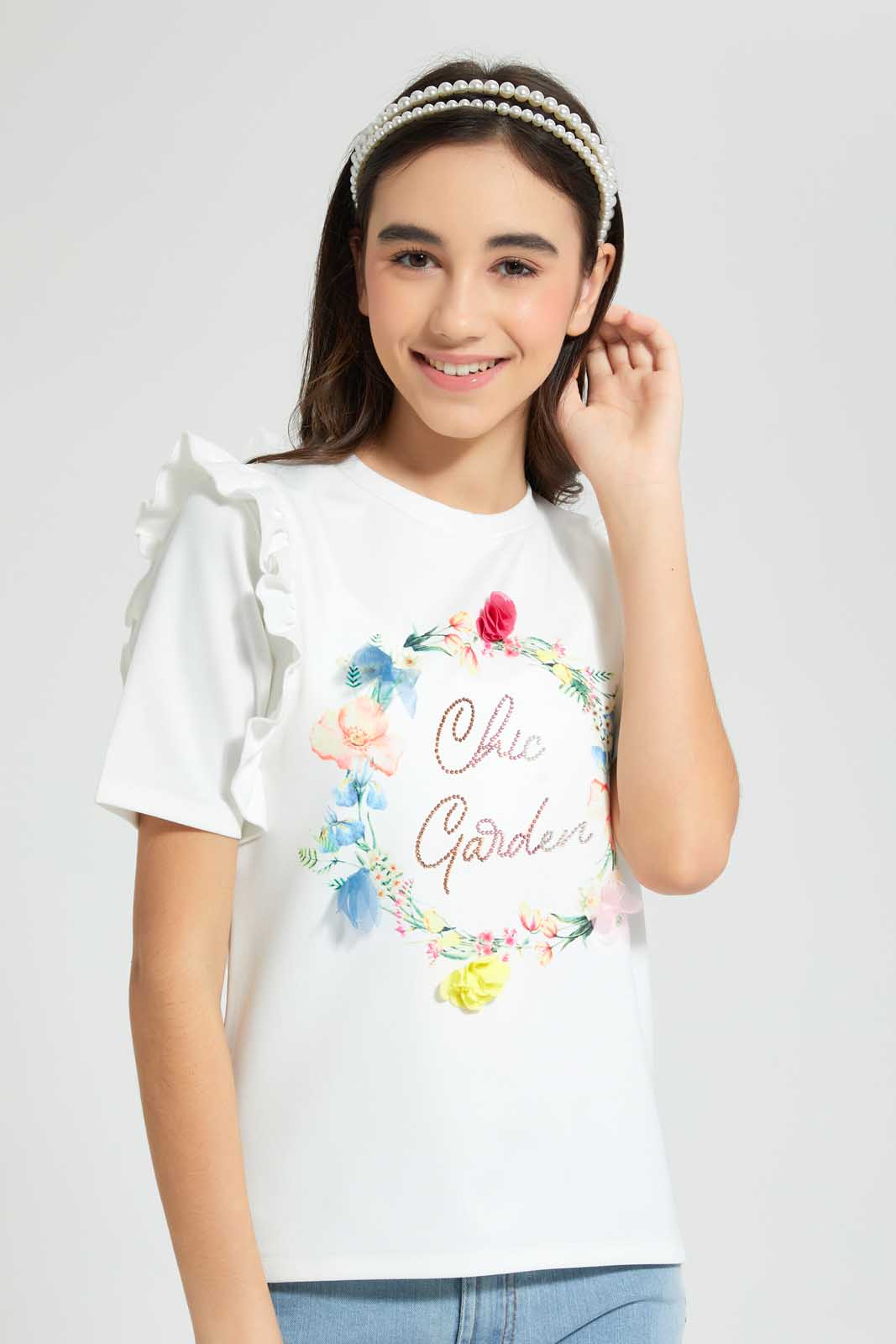 Redtag-White-Frills-Sleeve-Top-Embellished-Senior-Girls-9 to 14 Years