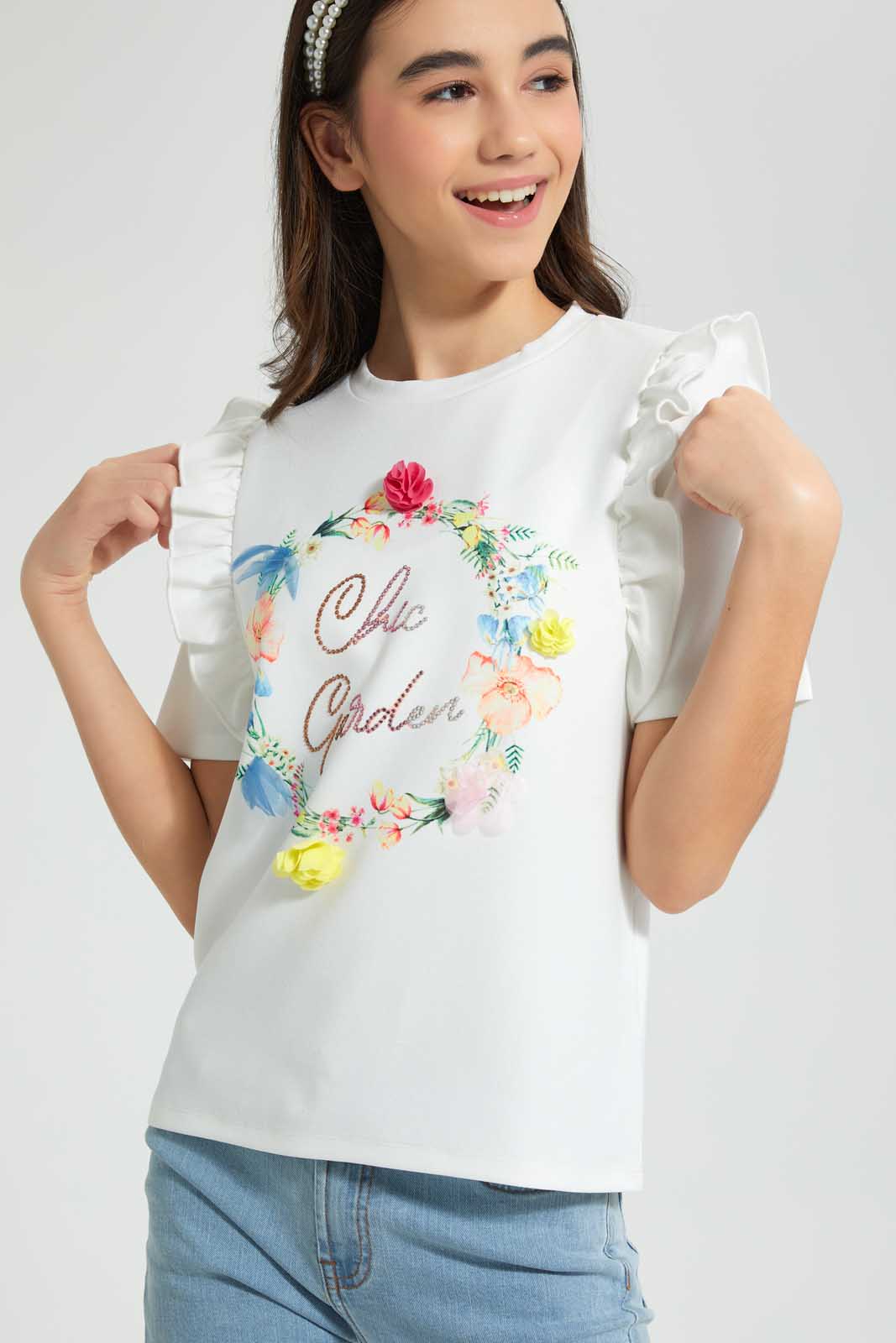 Redtag-White-Frills-Sleeve-Top-Embellished-Senior-Girls-9 to 14 Years