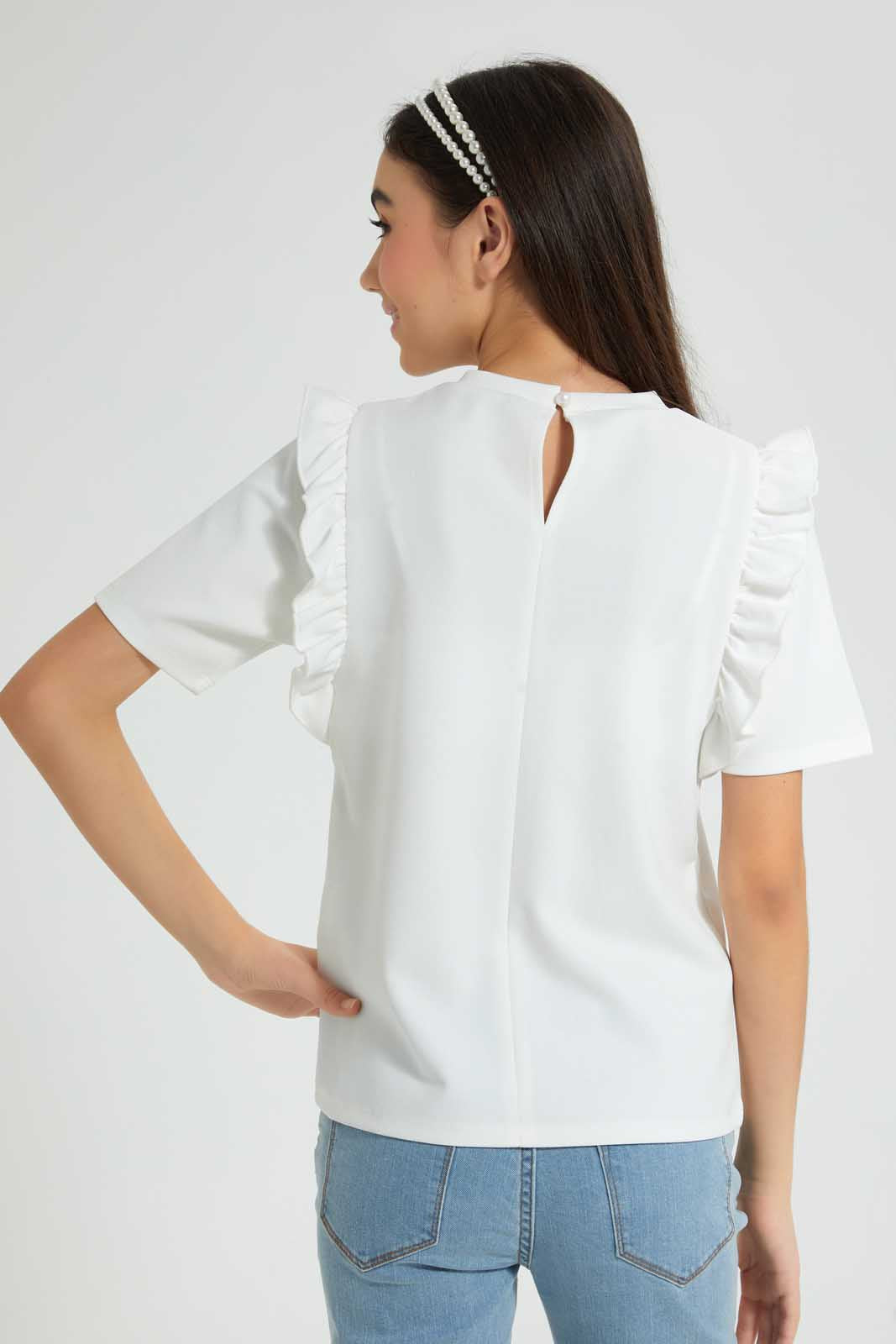 Redtag-White-Frills-Sleeve-Top-Embellished-Senior-Girls-9 to 14 Years