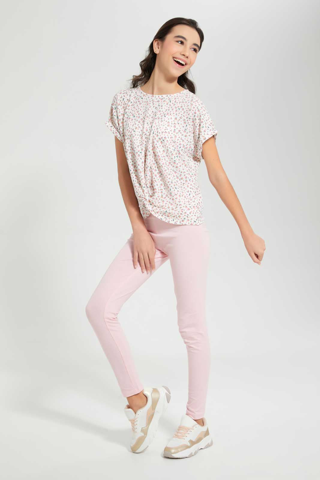 Redtag-White-Ditsy-Print-Extended-Front-Tie-Jacquard-Top-All-Over-Prints-Senior-Girls-9 to 14 Years