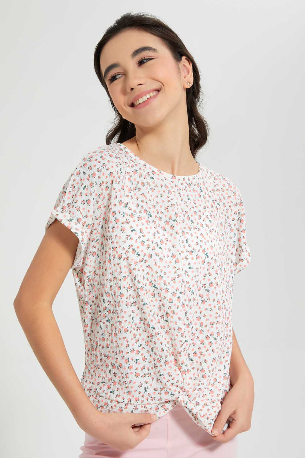Redtag-White-Ditsy-Print-Extended-Front-Tie-Jacquard-Top-All-Over-Prints-Senior-Girls-9 to 14 Years