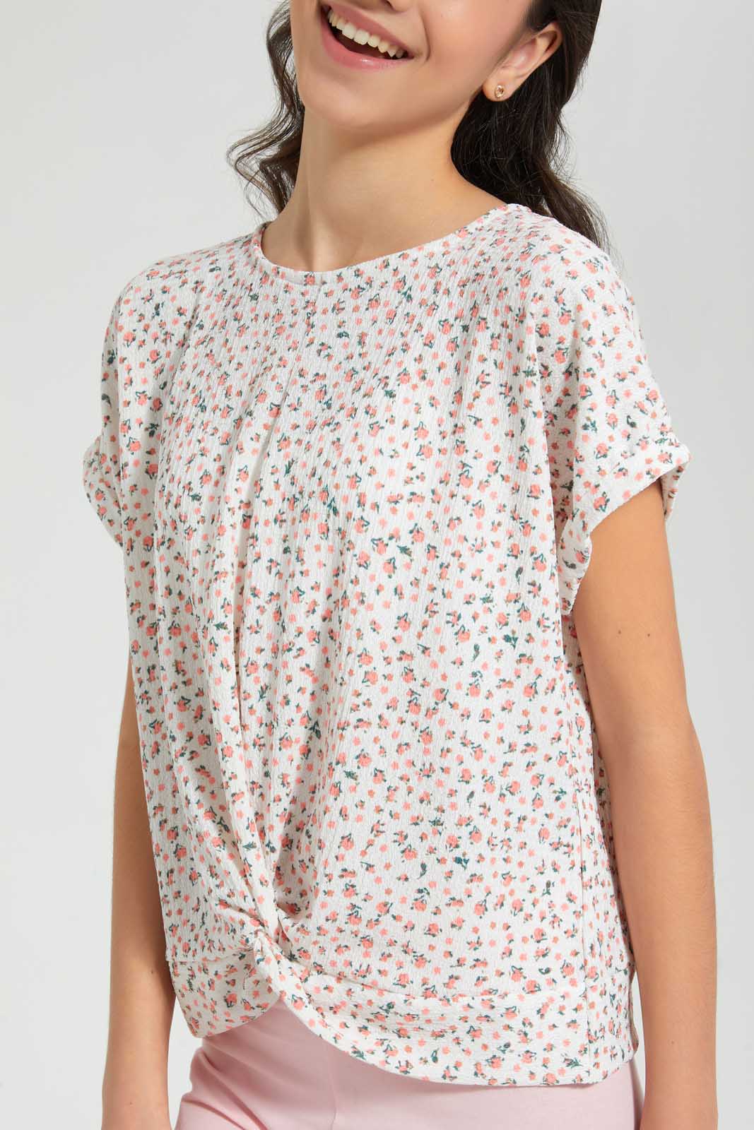 Redtag-White-Ditsy-Print-Extended-Front-Tie-Jacquard-Top-All-Over-Prints-Senior-Girls-9 to 14 Years
