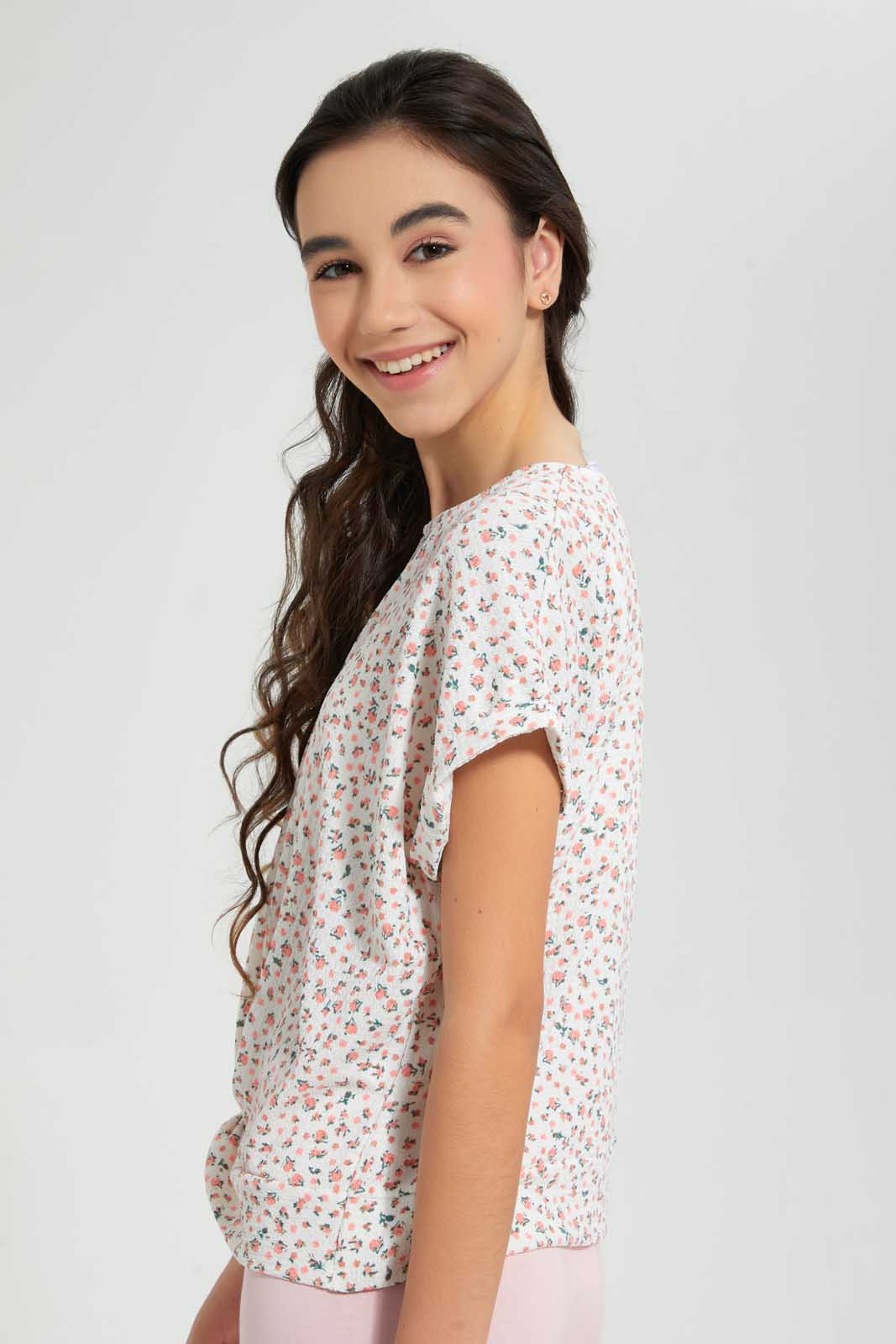 Redtag-White-Ditsy-Print-Extended-Front-Tie-Jacquard-Top-All-Over-Prints-Senior-Girls-9 to 14 Years