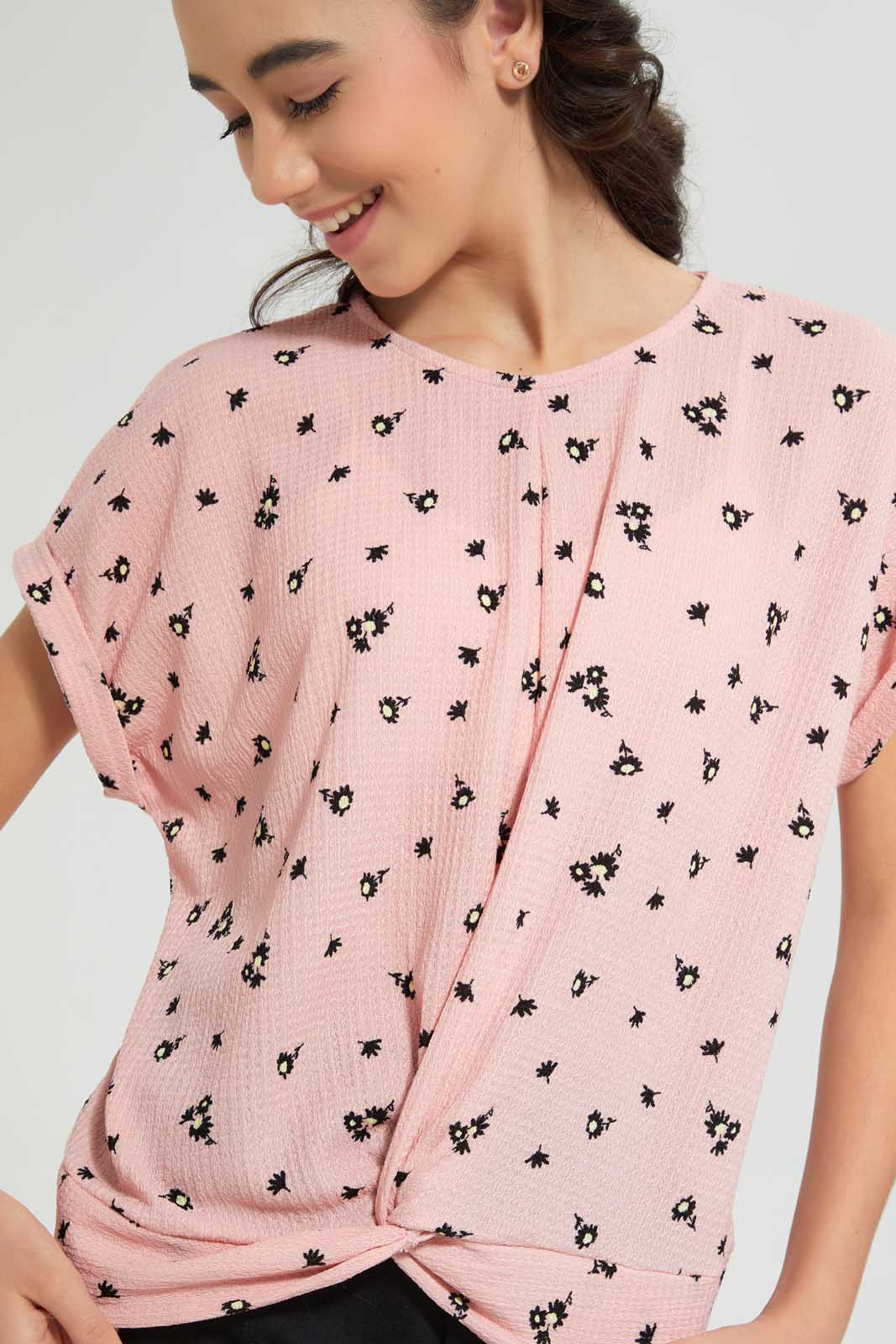Redtag-Pink-Floral-Extended-Front-Tie-Jacquard-Top-All-Over-Prints-Senior-Girls-9 to 14 Years