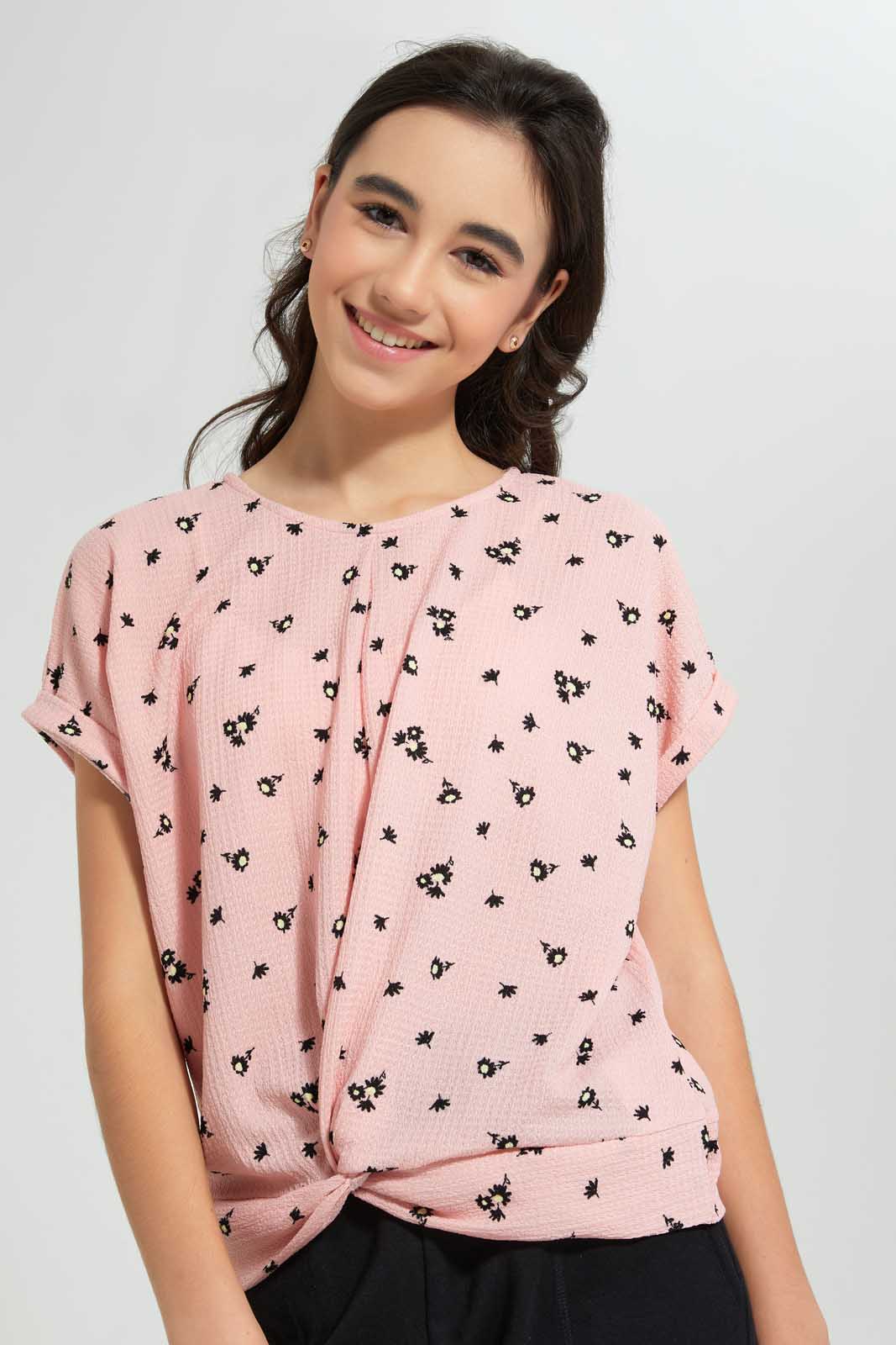 Redtag-Pink-Floral-Extended-Front-Tie-Jacquard-Top-All-Over-Prints-Senior-Girls-9 to 14 Years