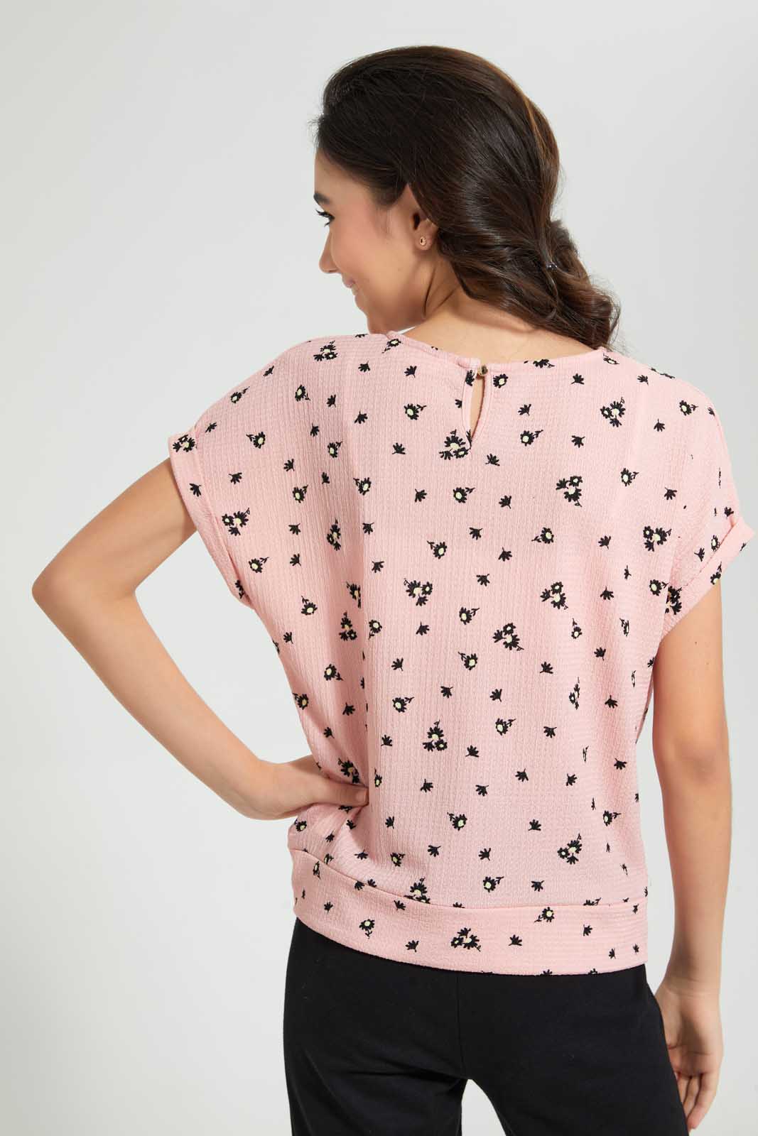 Redtag-Pink-Floral-Extended-Front-Tie-Jacquard-Top-All-Over-Prints-Senior-Girls-9 to 14 Years