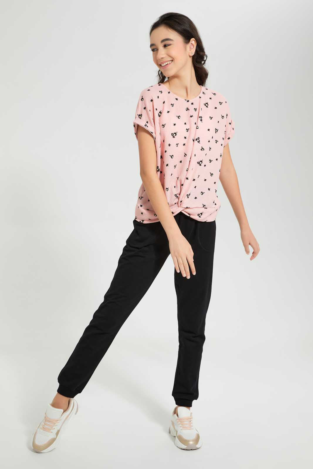 Redtag-Pink-Floral-Extended-Front-Tie-Jacquard-Top-All-Over-Prints-Senior-Girls-9 to 14 Years