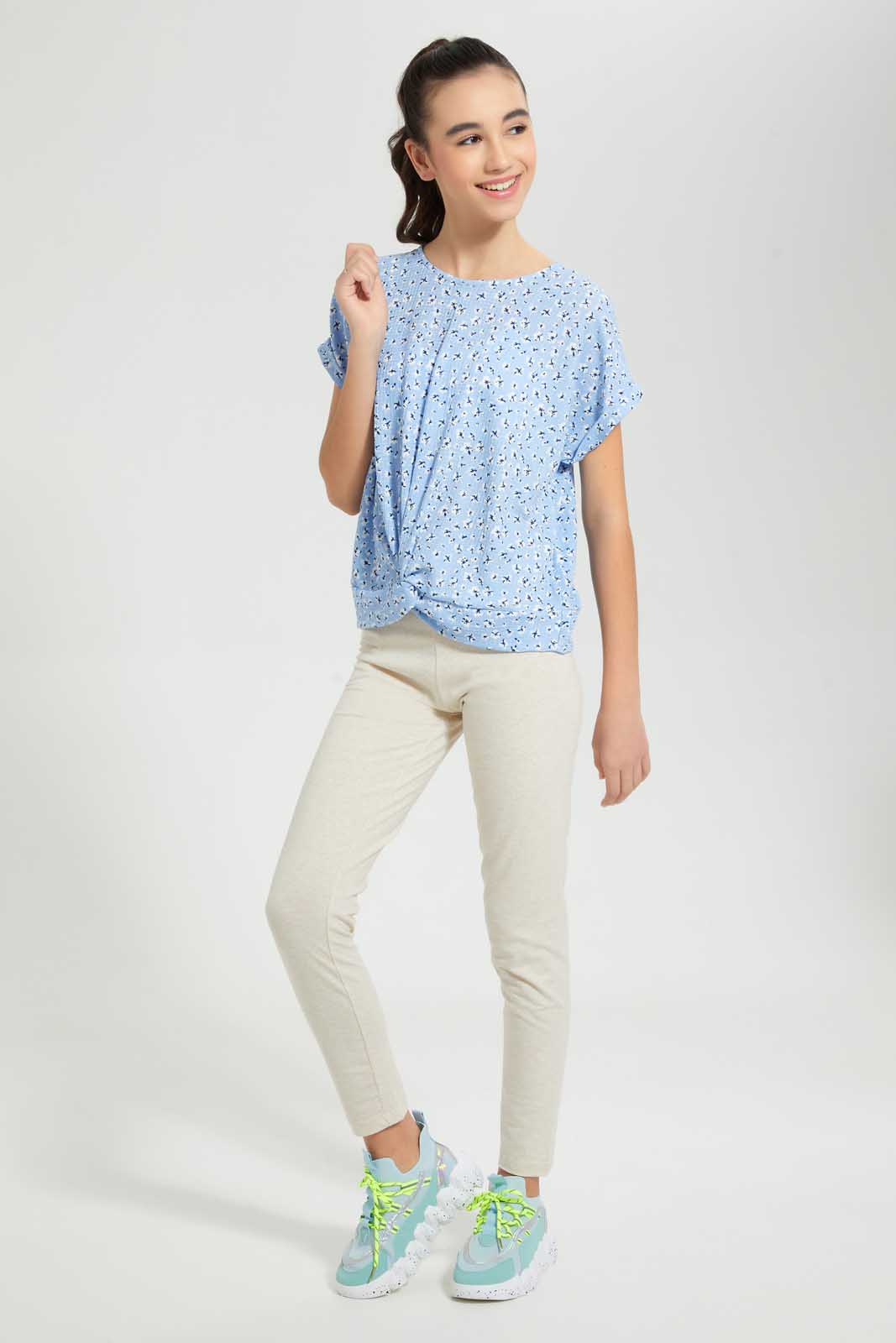 Redtag-Light-Blue-Floral-Extended-Front-Tie-Jacquard-Top-All-Over-Prints-Senior-Girls-9 to 14 Years