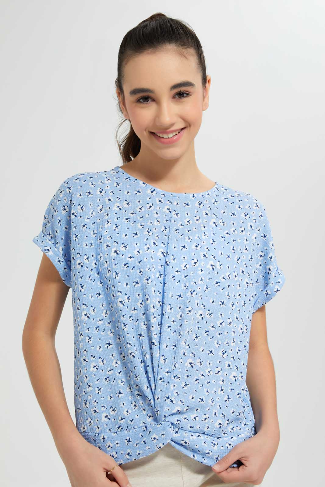 Redtag-Light-Blue-Floral-Extended-Front-Tie-Jacquard-Top-All-Over-Prints-Senior-Girls-9 to 14 Years