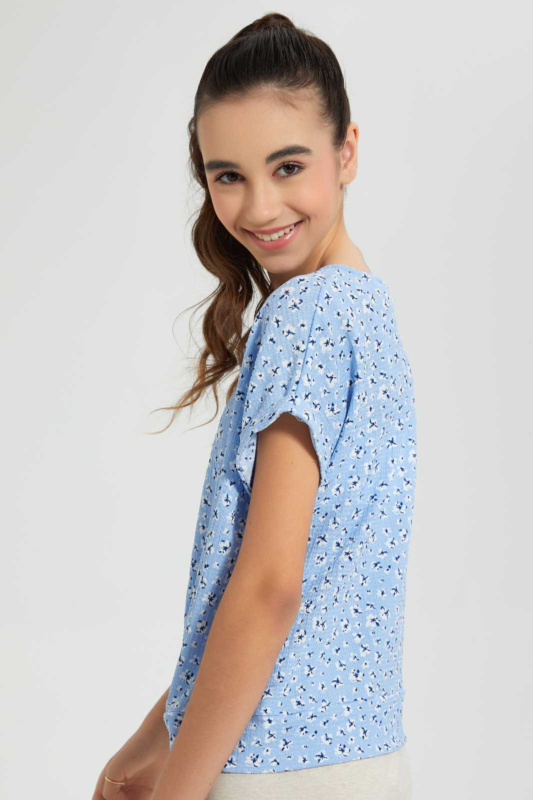 Redtag-Light-Blue-Floral-Extended-Front-Tie-Jacquard-Top-All-Over-Prints-Senior-Girls-9 to 14 Years
