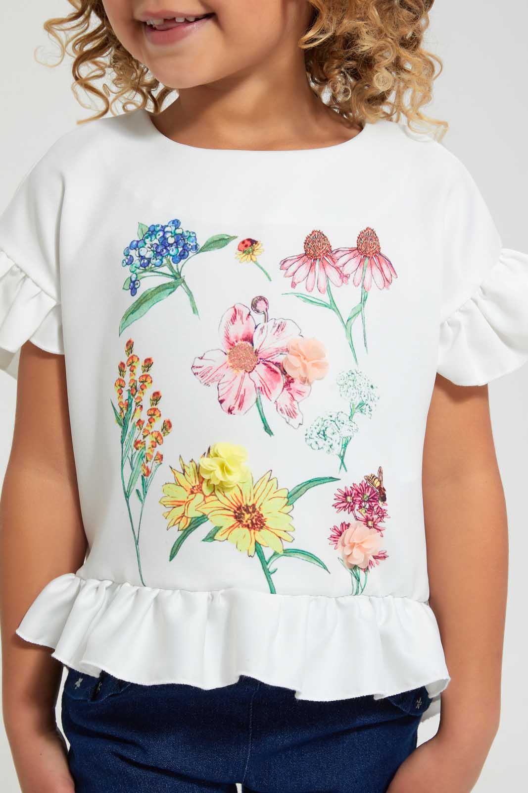 Redtag-Ivory-Floral-Printed-Blouse-Blouses-Girls-2 to 8 Years