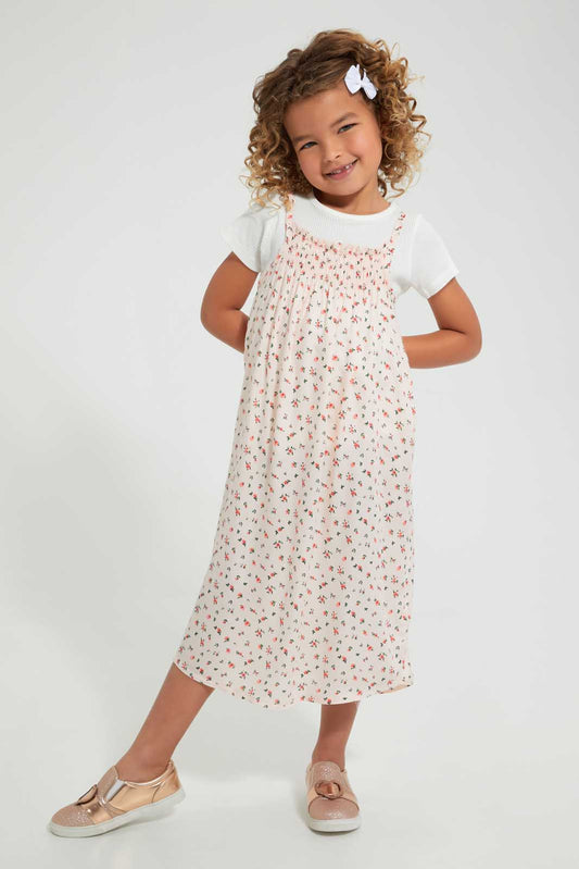 Redtag-Pink-Aop-T-Shirt-&-Dress-Set-Sets-Girls-2 to 8 Years