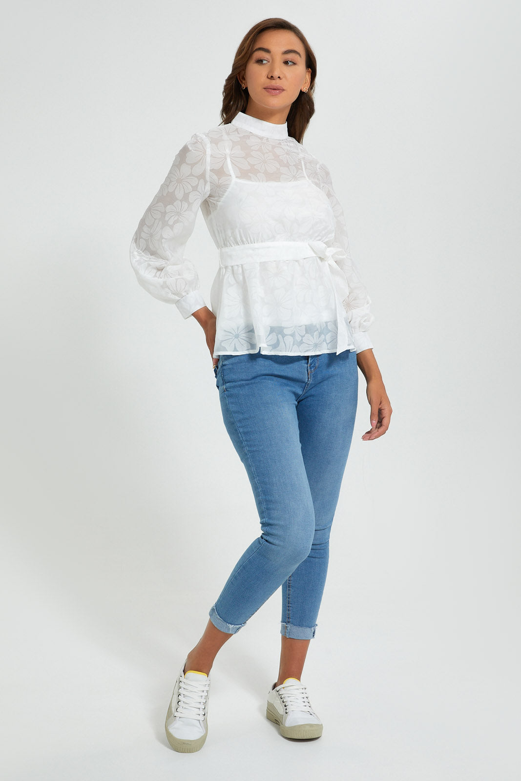 Redtag-White-Organza-Jacquard-Belted-Blouse-Blouses-Women's-0