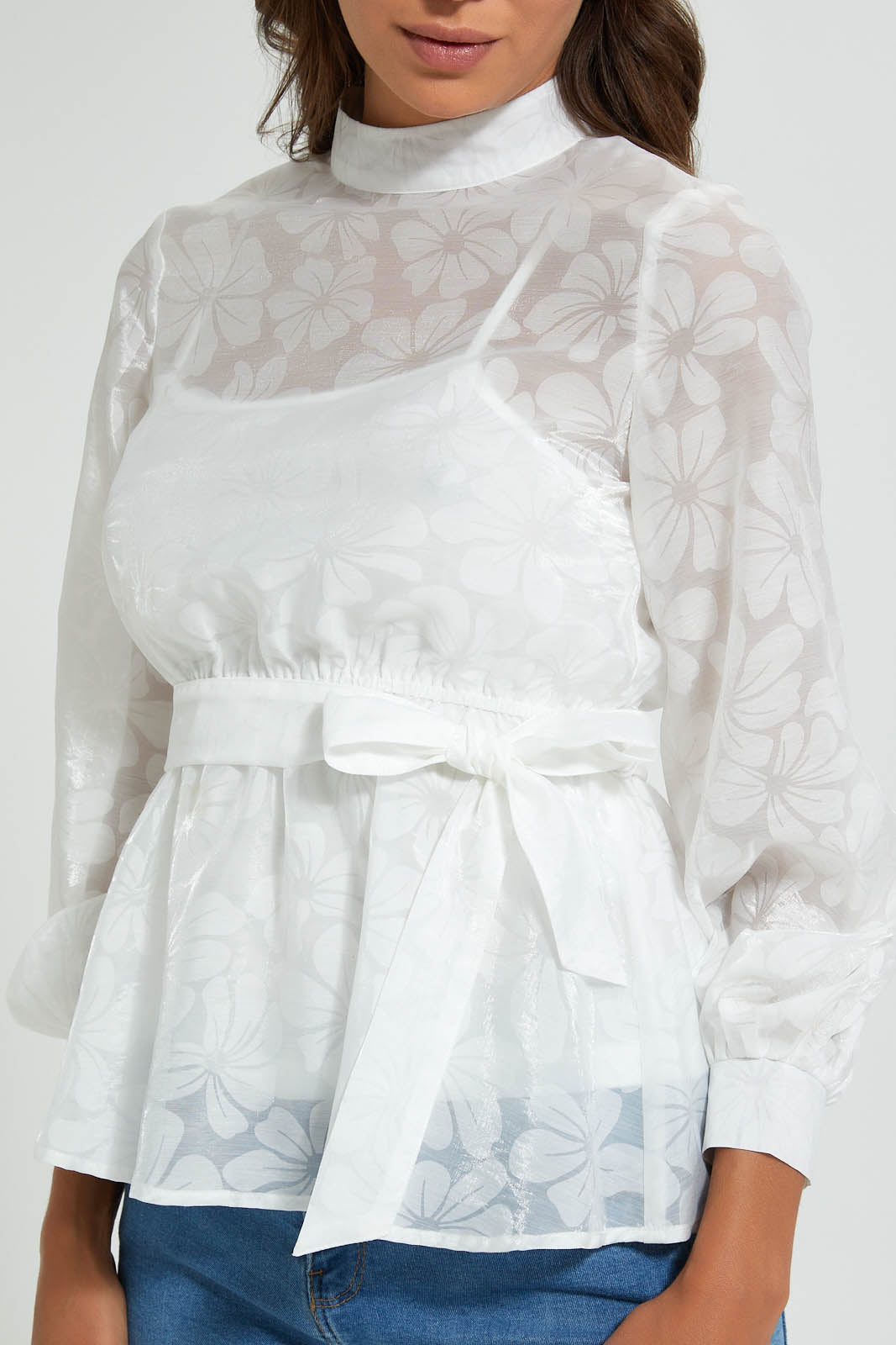 Redtag-White-Organza-Jacquard-Belted-Blouse-Blouses-Women's-0