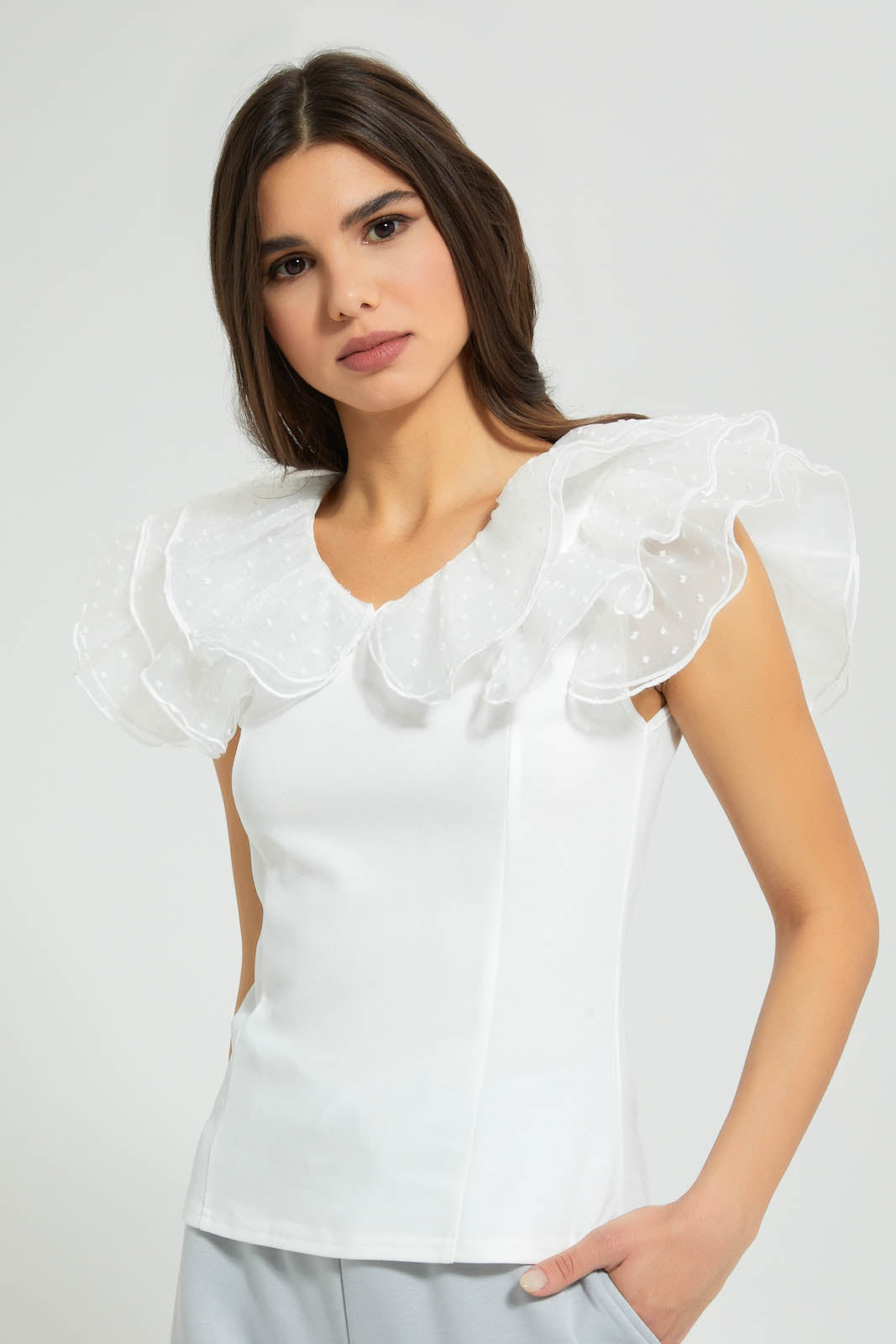Redtag-White-Ruffle-Neck-And-Sleeve-Top-Tops-Women's-