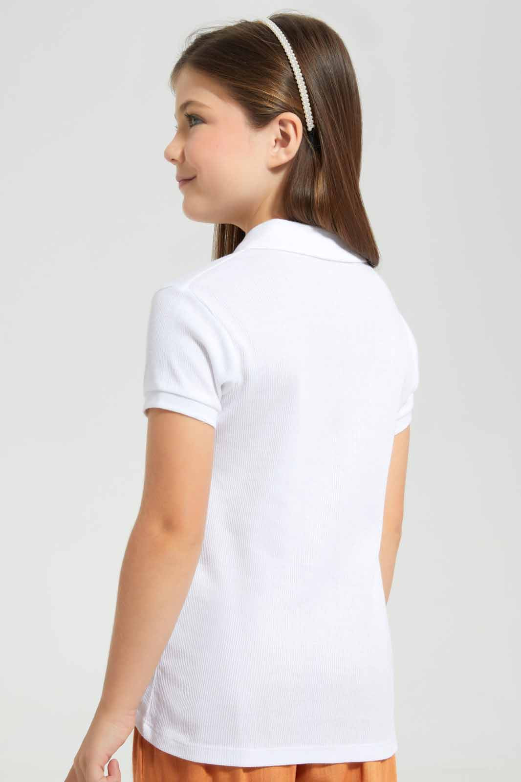 Redtag-White-Drop-Needle-Polo-Tee-Category:T-Shirts,-Colour:White,-Filter:Girls-(2-to-8-Yrs),-GIR-T-Shirts,-New-In,-New-In-GIR-APL,-Non-Sale,-S22B,-Section:Kidswear,-TBL-Girls-