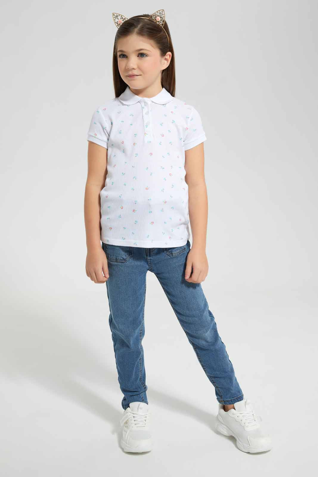 Redtag-White-Aop-Polo-Tee-Category:T-Shirts,-Colour:White,-Filter:Girls-(2-to-8-Yrs),-GIR-T-Shirts,-New-In,-New-In-GIR-APL,-Non-Sale,-S22B,-Section:Kidswear,-TBL-Girls-