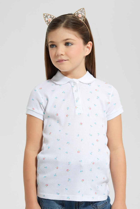 Redtag-White-Aop-Polo-Tee-Category:T-Shirts,-Colour:White,-Filter:Girls-(2-to-8-Yrs),-GIR-T-Shirts,-New-In,-New-In-GIR-APL,-Non-Sale,-S22B,-Section:Kidswear,-TBL-Girls-