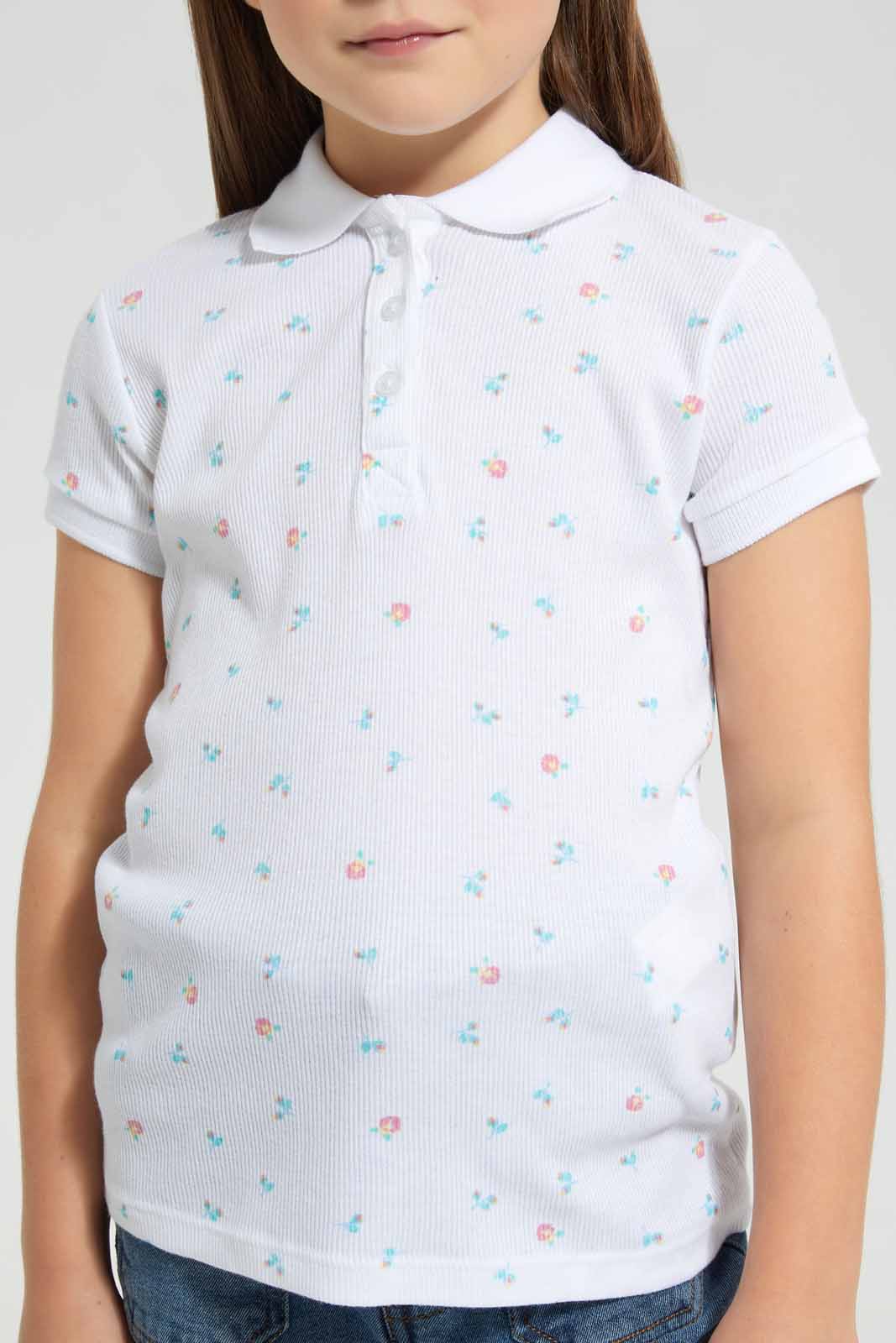Redtag-White-Aop-Polo-Tee-Category:T-Shirts,-Colour:White,-Filter:Girls-(2-to-8-Yrs),-GIR-T-Shirts,-New-In,-New-In-GIR-APL,-Non-Sale,-S22B,-Section:Kidswear,-TBL-Girls-