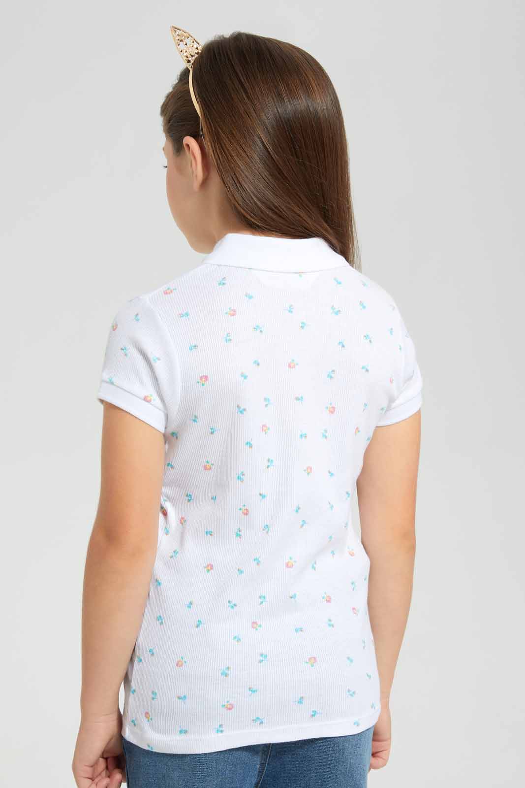 Redtag-White-Aop-Polo-Tee-Category:T-Shirts,-Colour:White,-Filter:Girls-(2-to-8-Yrs),-GIR-T-Shirts,-New-In,-New-In-GIR-APL,-Non-Sale,-S22B,-Section:Kidswear,-TBL-Girls-